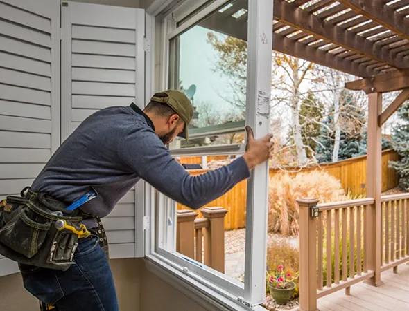A man carefully positioning and securing a new window into place, ensuring proper fit and insulation.
