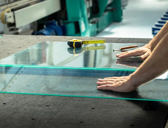 Hands are adjusting a large sheet of glass on a workbench in an industrial setting, with a tape measure and tools nearby, suggesting precision and craftsmanship.