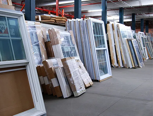 Piles of large windows and frames, wrapped in plastic and cardboard, are neatly stacked in a spacious, industrial warehouse with concrete floors.