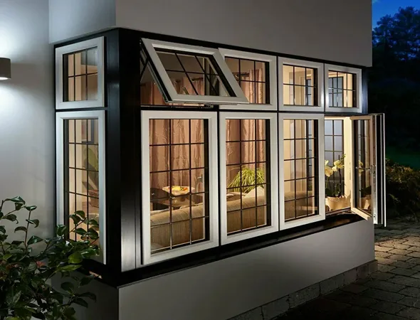 A sleek window featuring a modern black outer frame with a crisp white inner trim, offering a striking contrast and contemporary appeal.